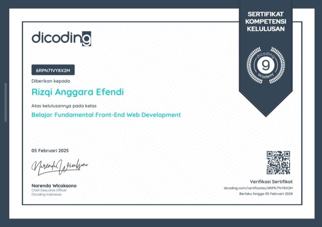 Rizqi Anggara Dicoding Certificate